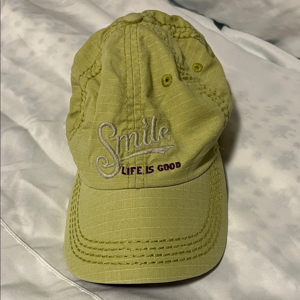 Life is good hat, greenish yellow, Smile, Life is Good across front